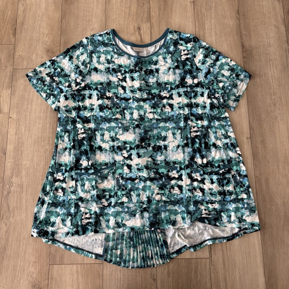 LOGO by Lori Goldstein Womens Floral Neck Short Sleeve Top Size 3XL Blue White